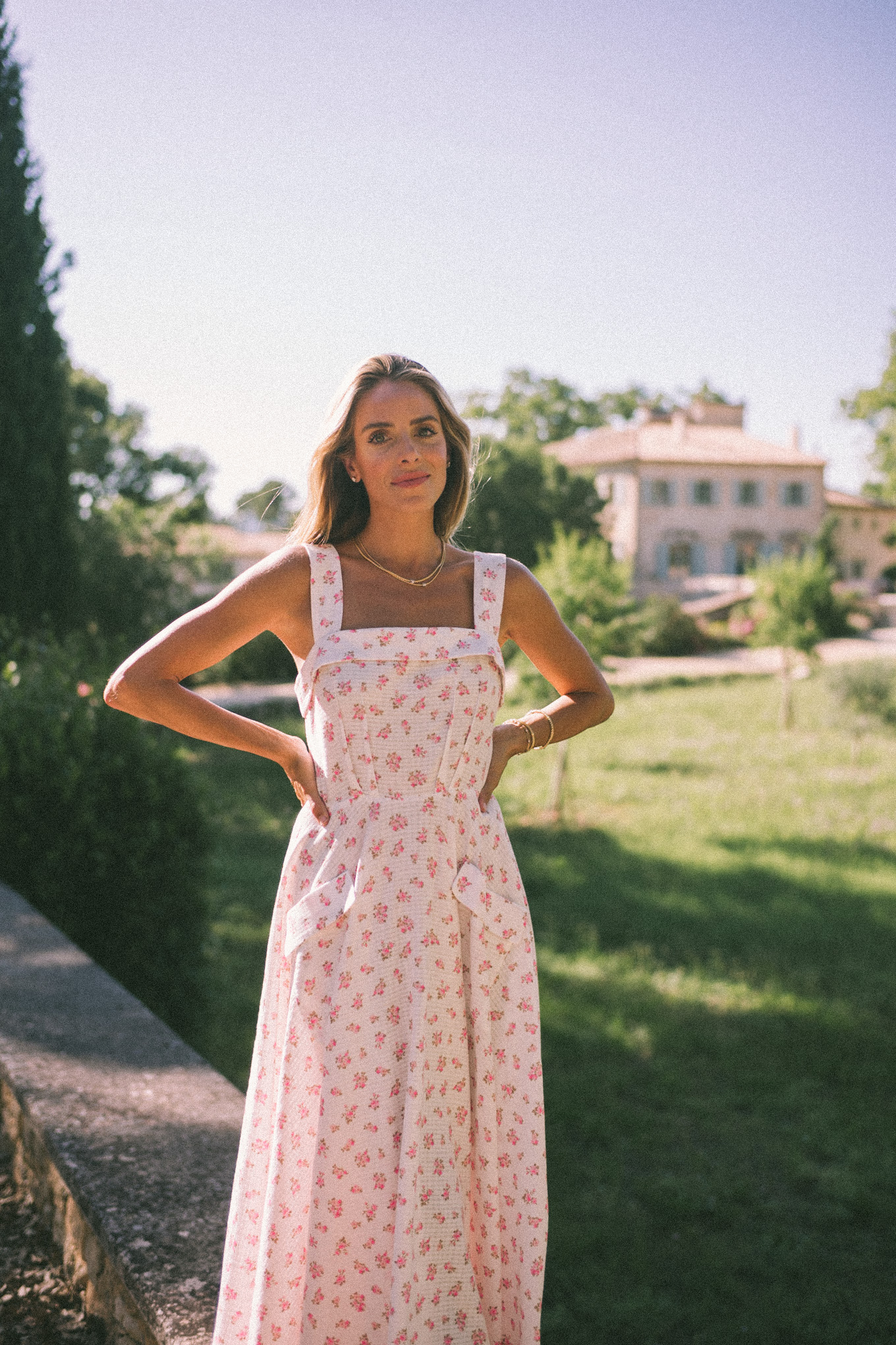 white pink cotton floral midi dress