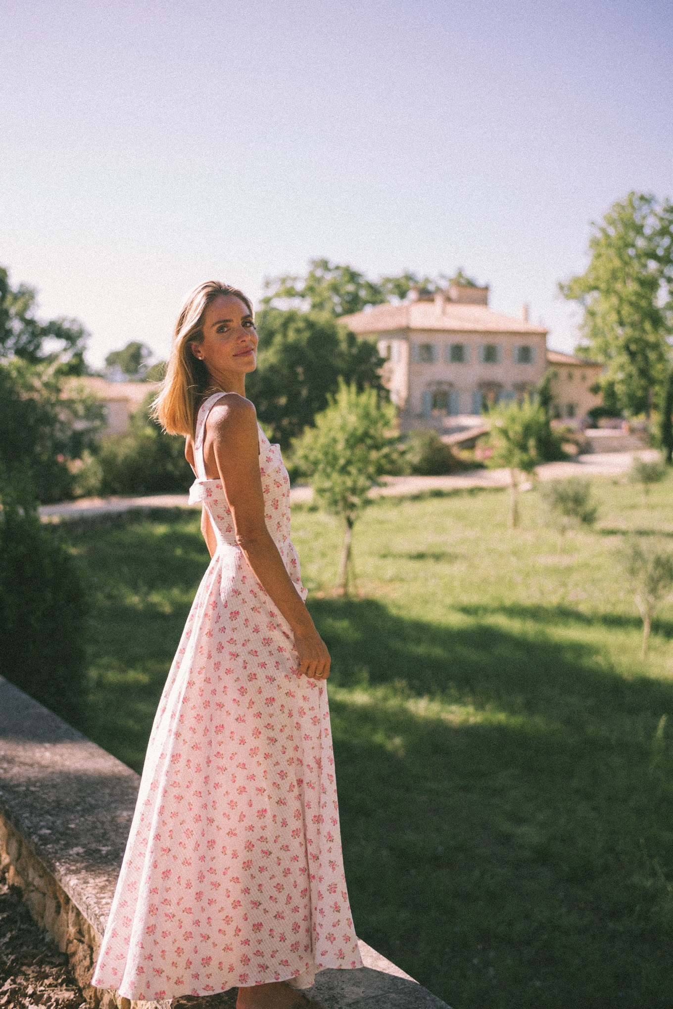 white pink cotton floral midi dress