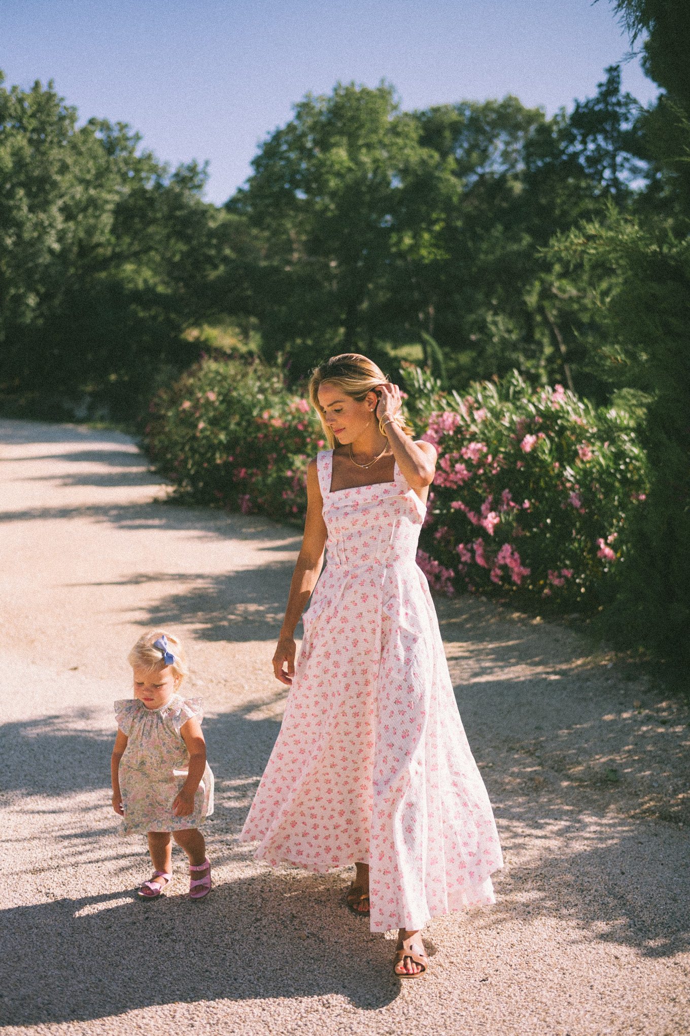 white pink cotton floral midi dress