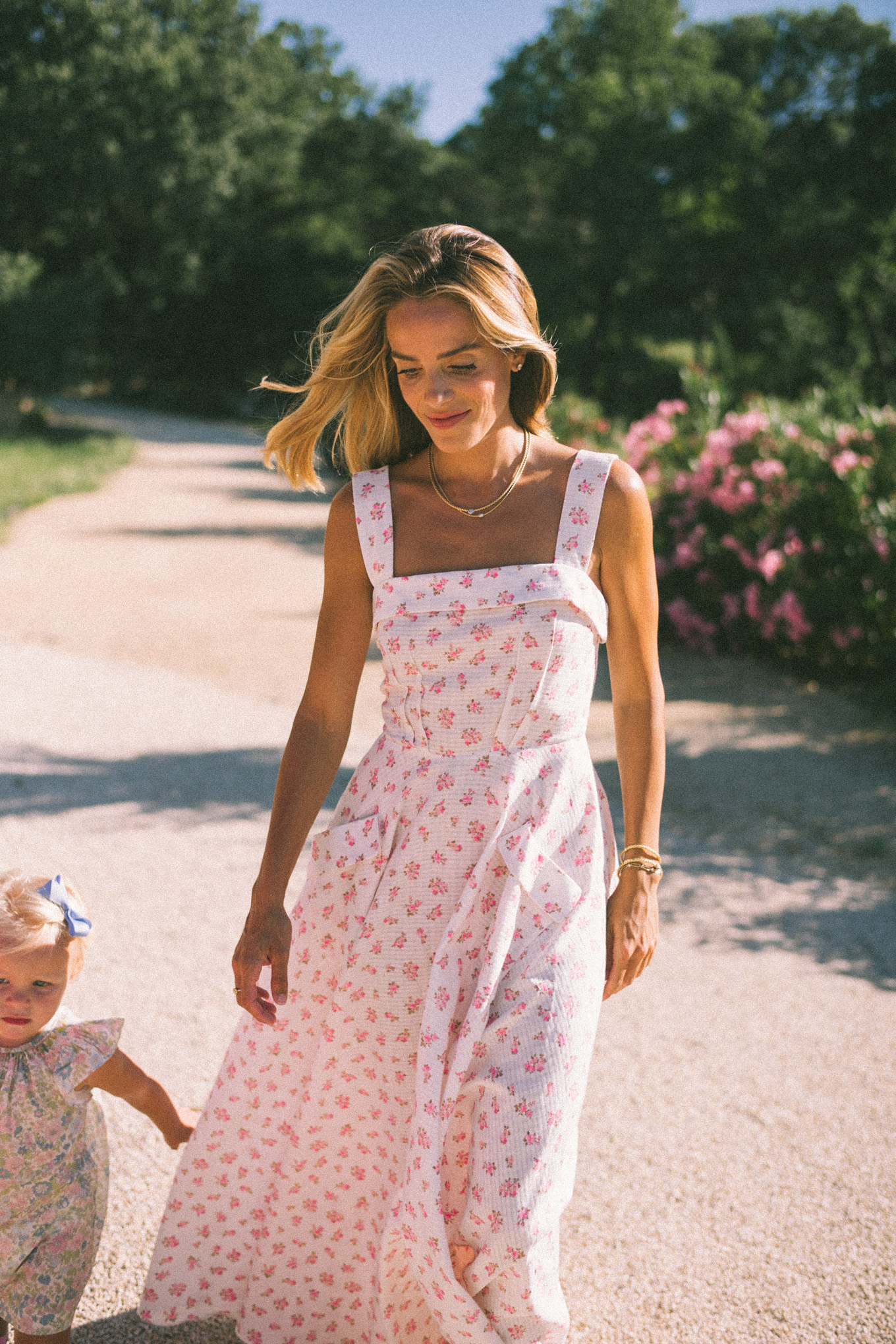 white pink cotton floral midi dress