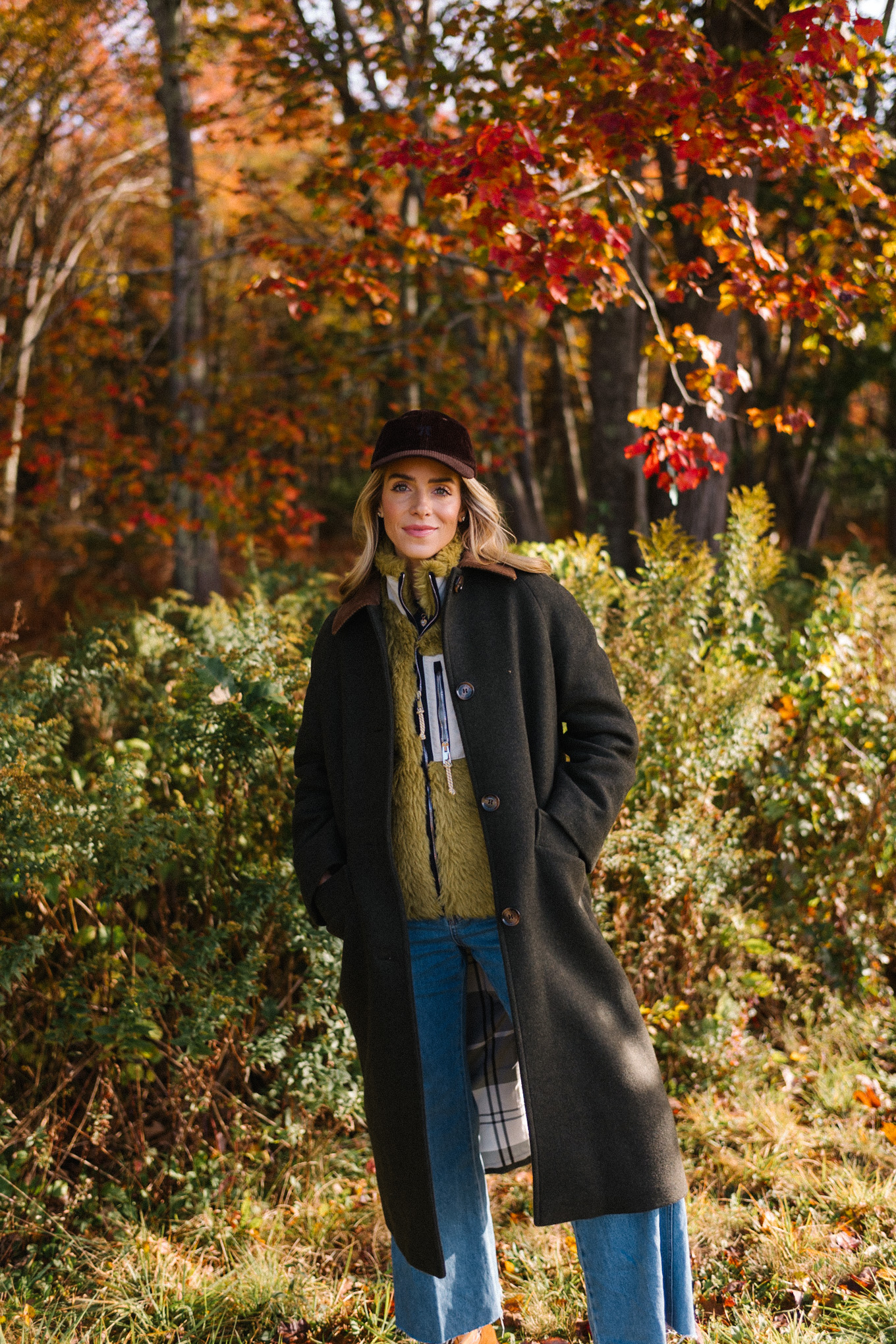 winter coat fuzzy vest wide leg denim corduroy hat