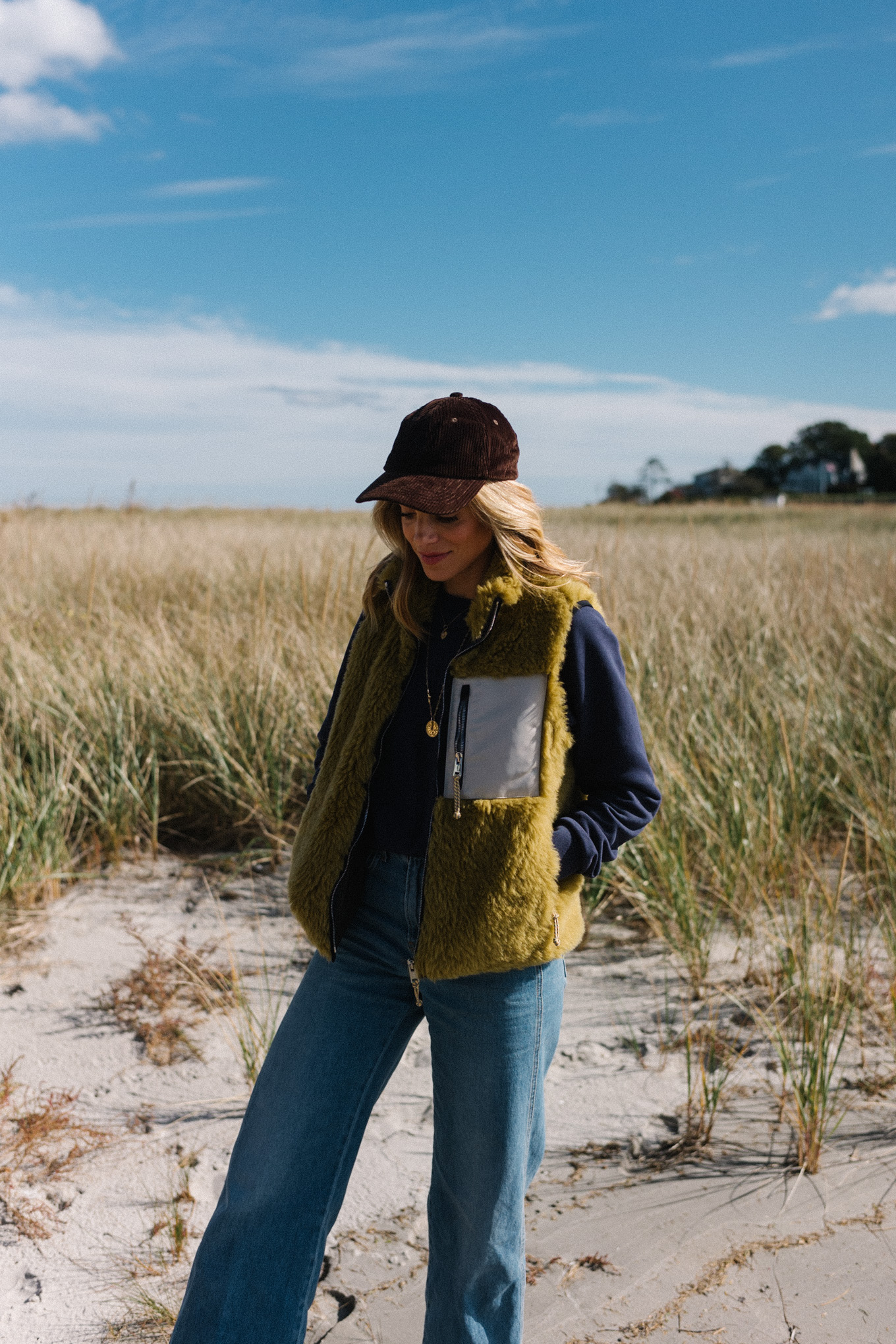 winter coat fuzzy vest wide leg denim corduroy hat