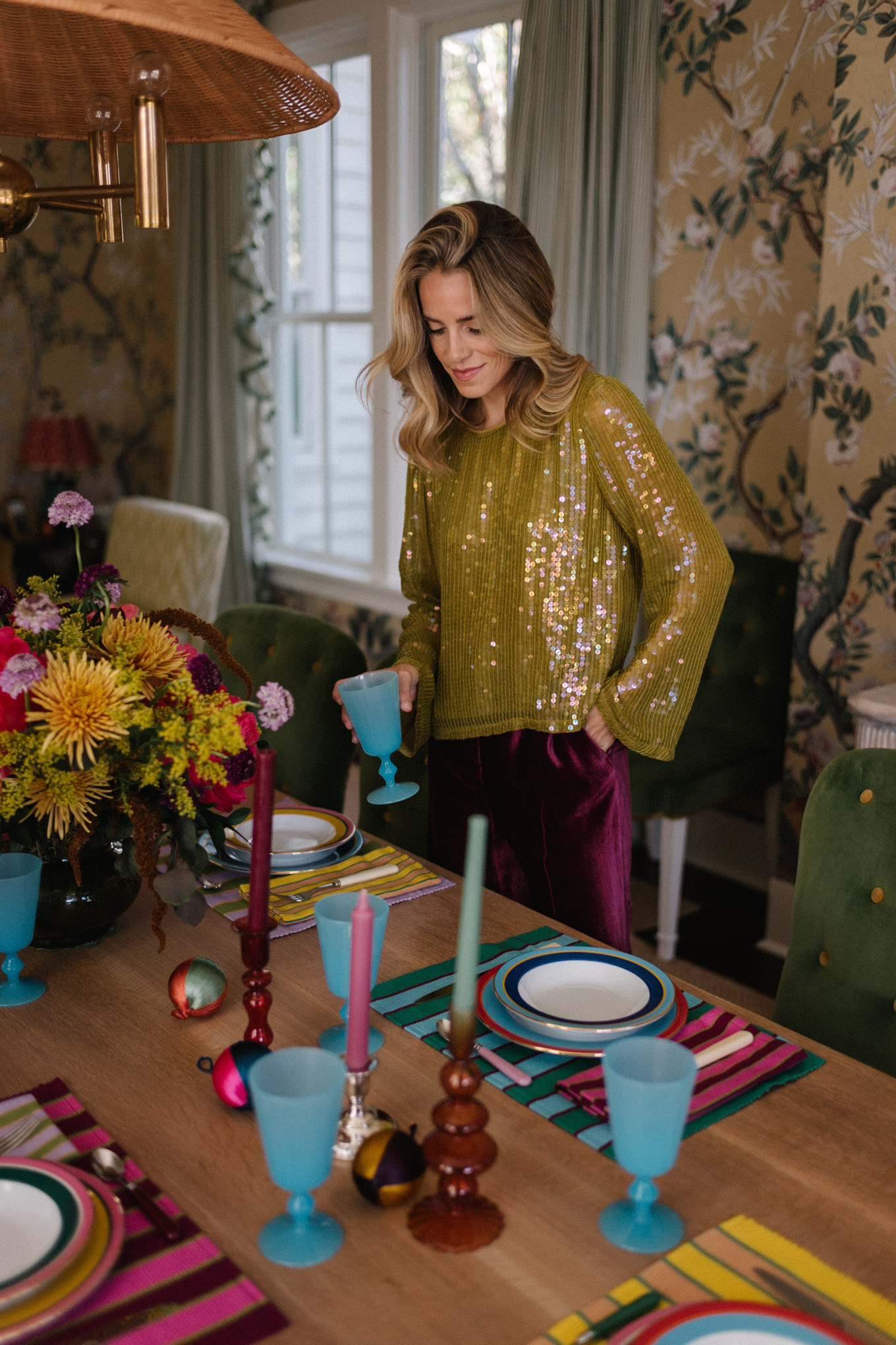 sparkly blouse velvet pants colorful holiday tablescape