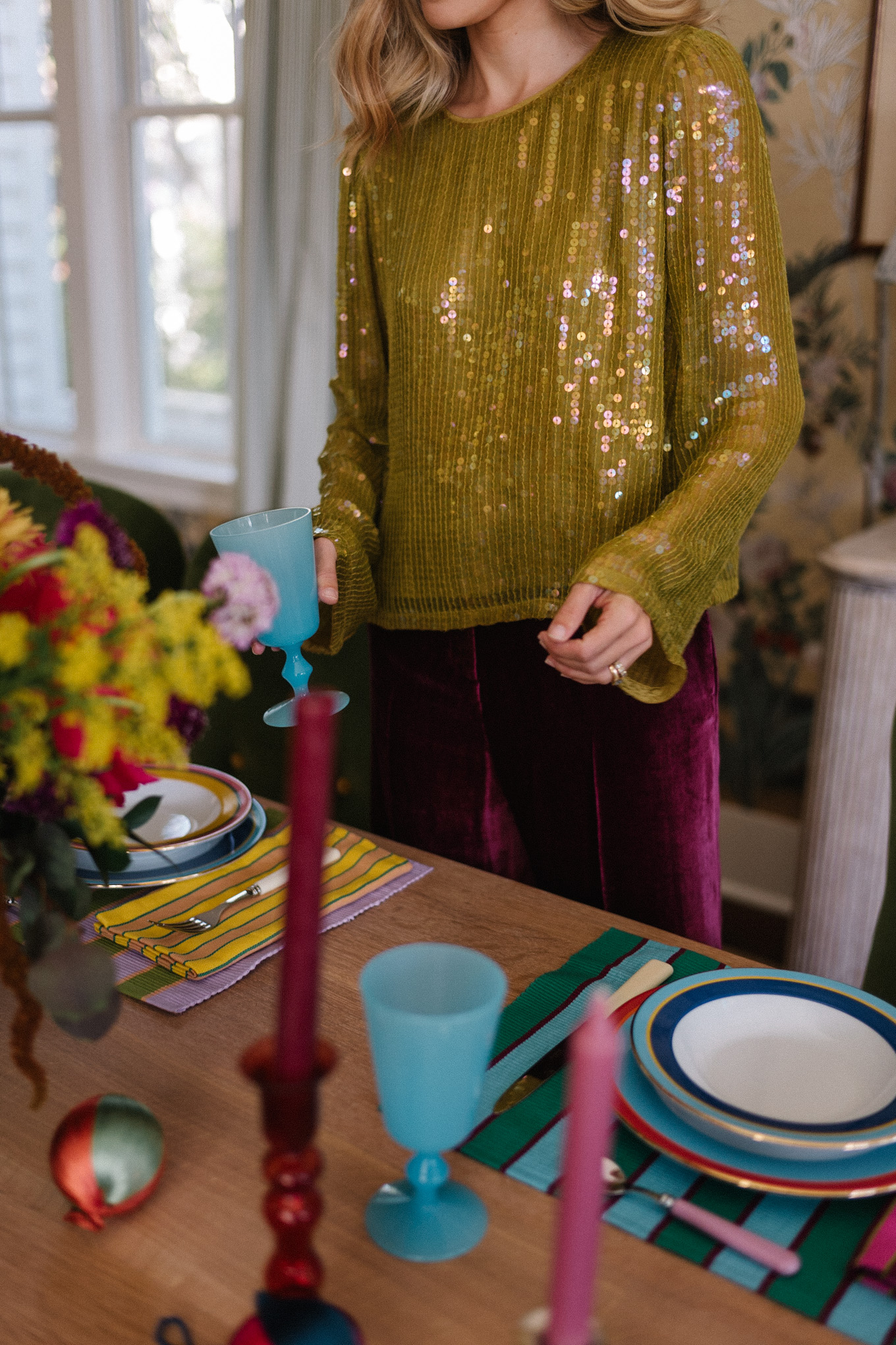 sparkly blouse velvet pants colorful holiday tablescape