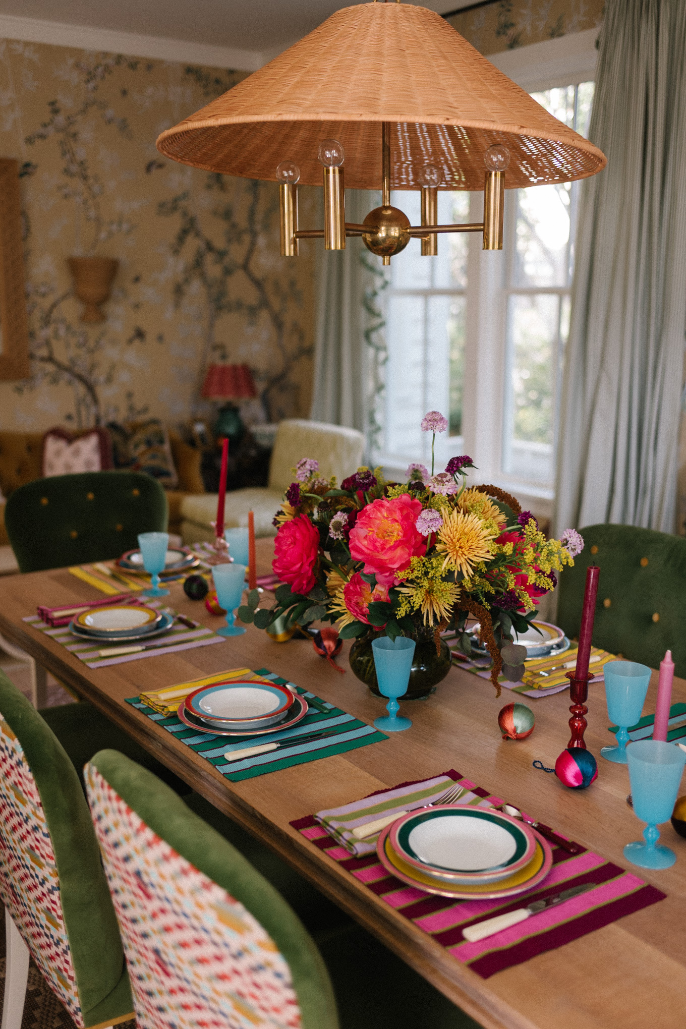 sparkly blouse velvet pants colorful holiday tablescape