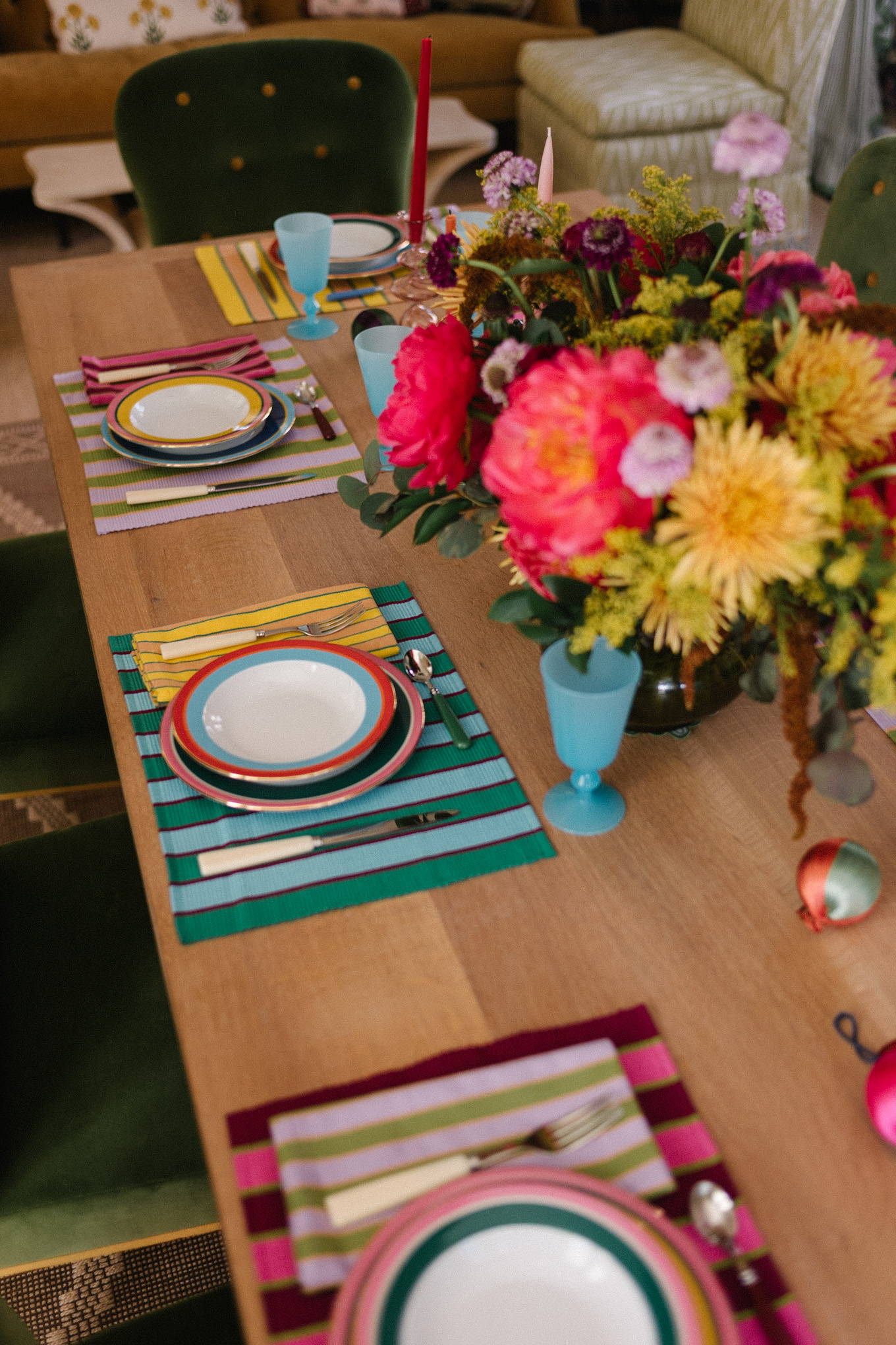 sparkly blouse velvet pants colorful holiday tablescape