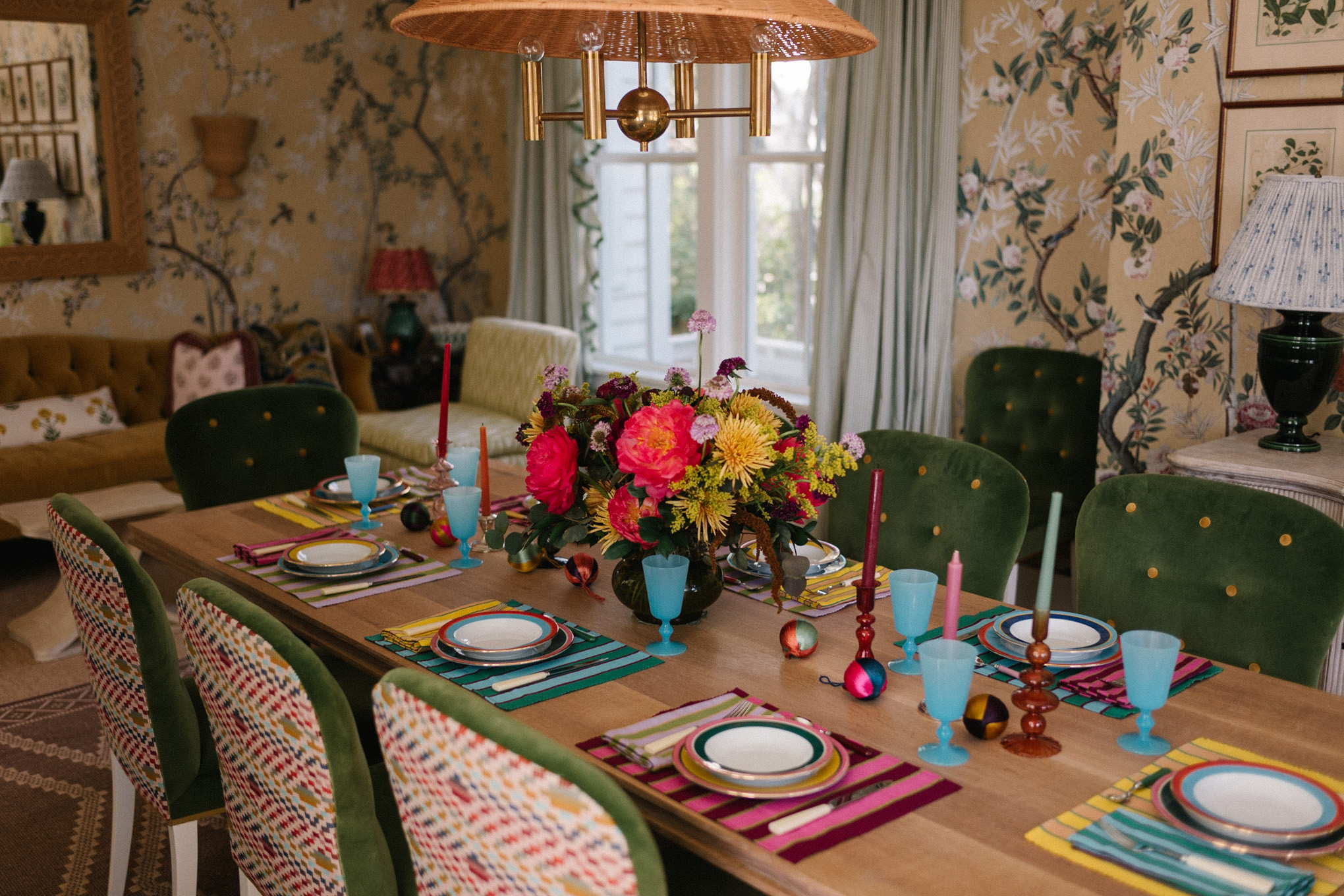 sparkly blouse velvet pants colorful holiday tablescape