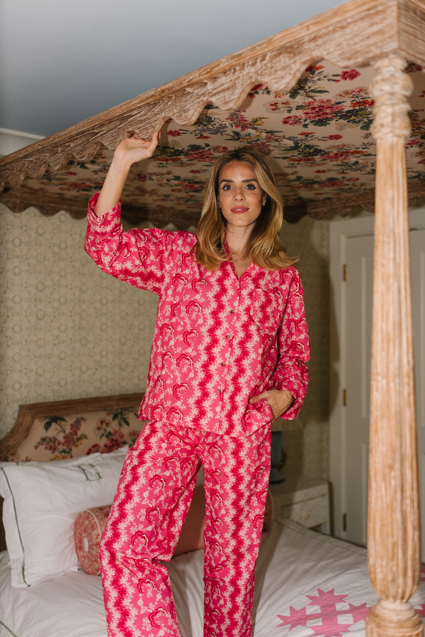 pink white floral stripe cotton poplin pajama set