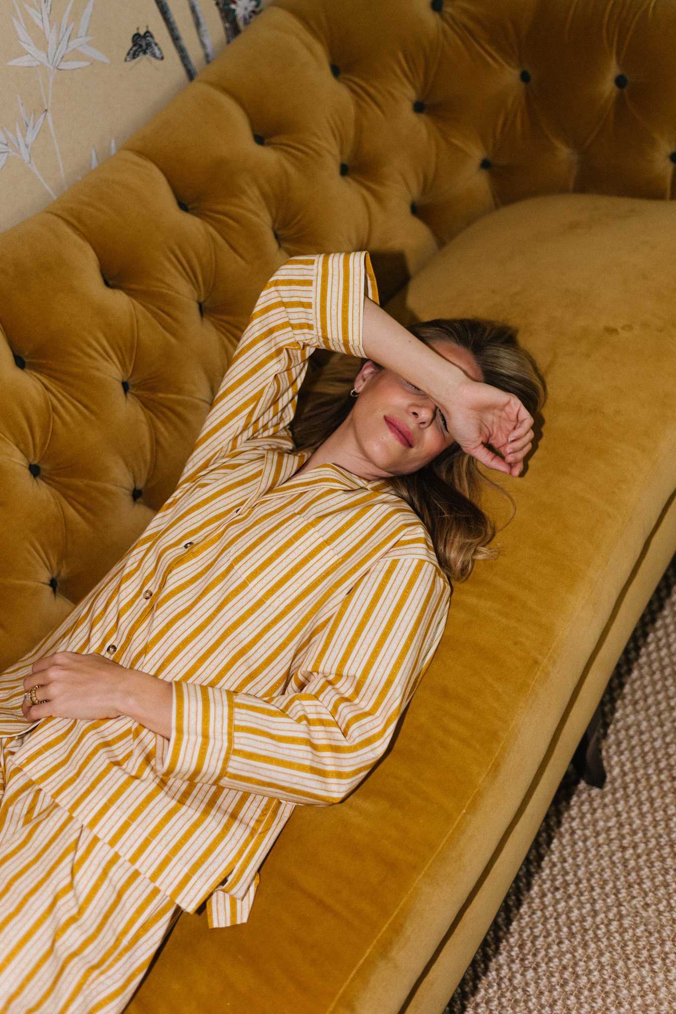 gold white stripe cotton poplin pajama set