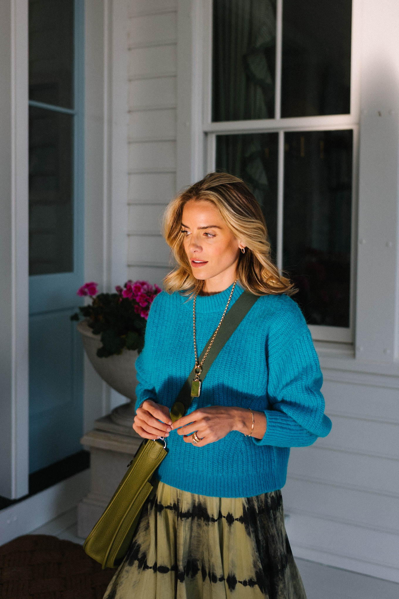 blue sweater green black tie dye maxi skirt