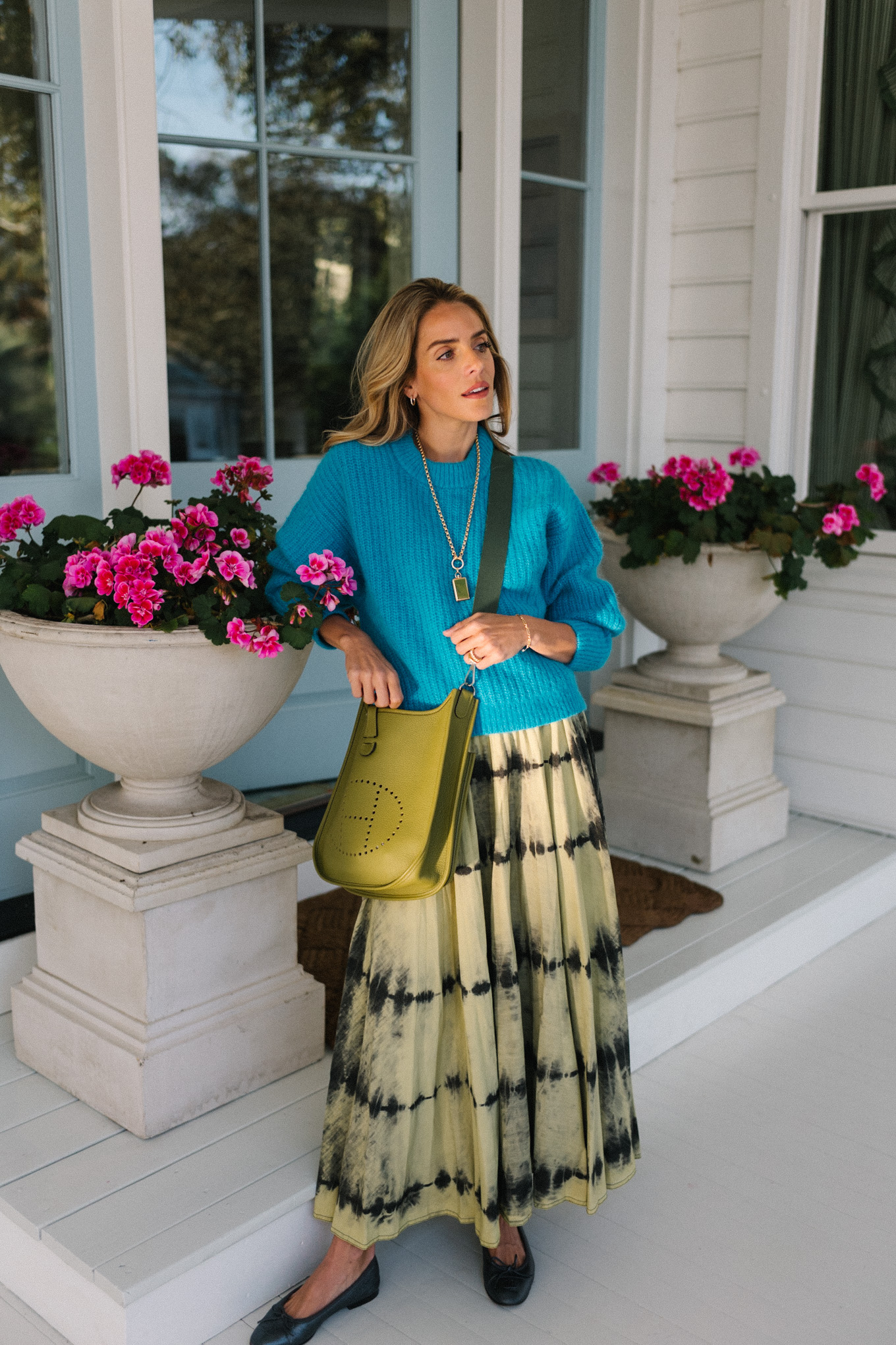 blue sweater green black tie dye maxi skirt