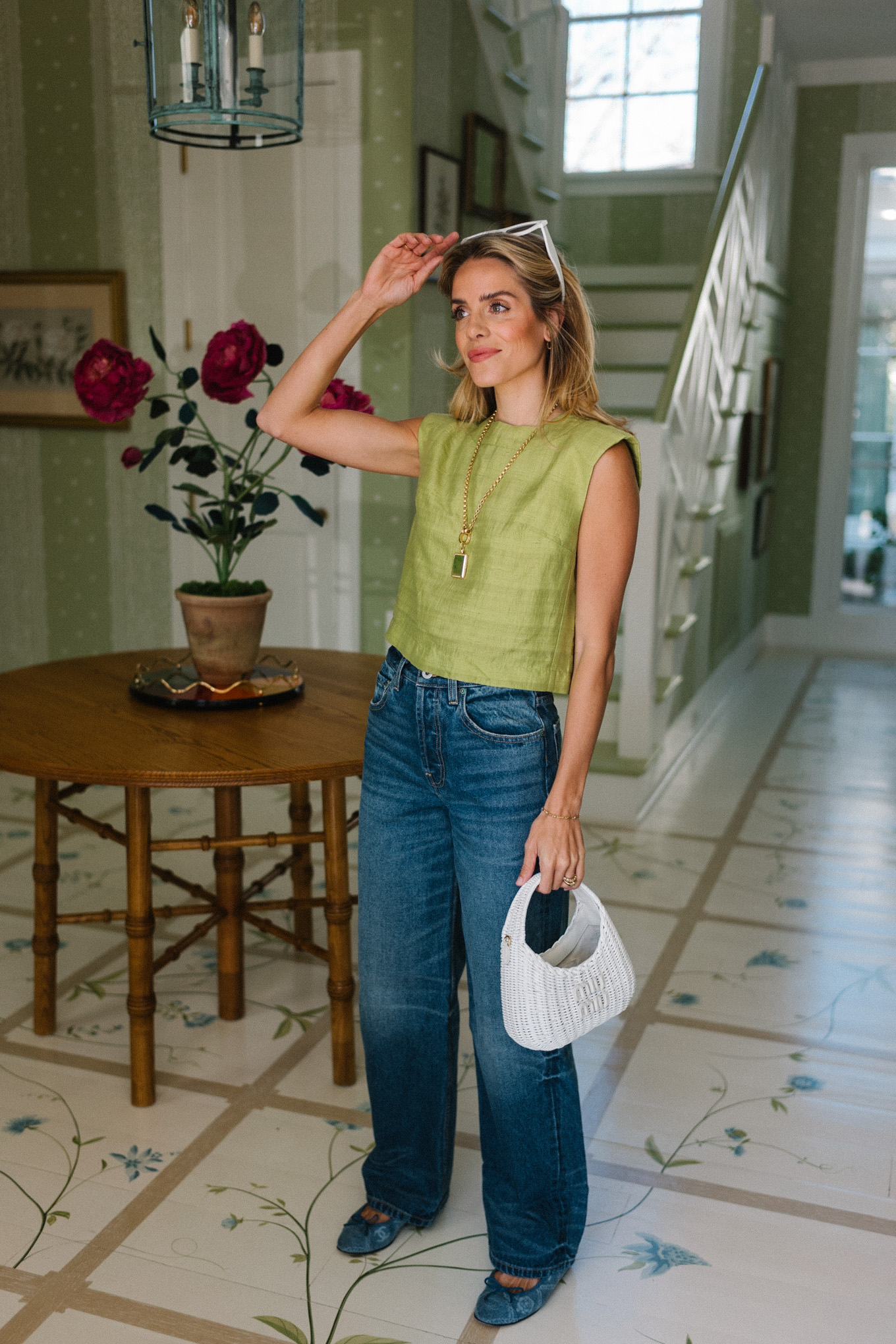 green top dark wash wide leg jeans