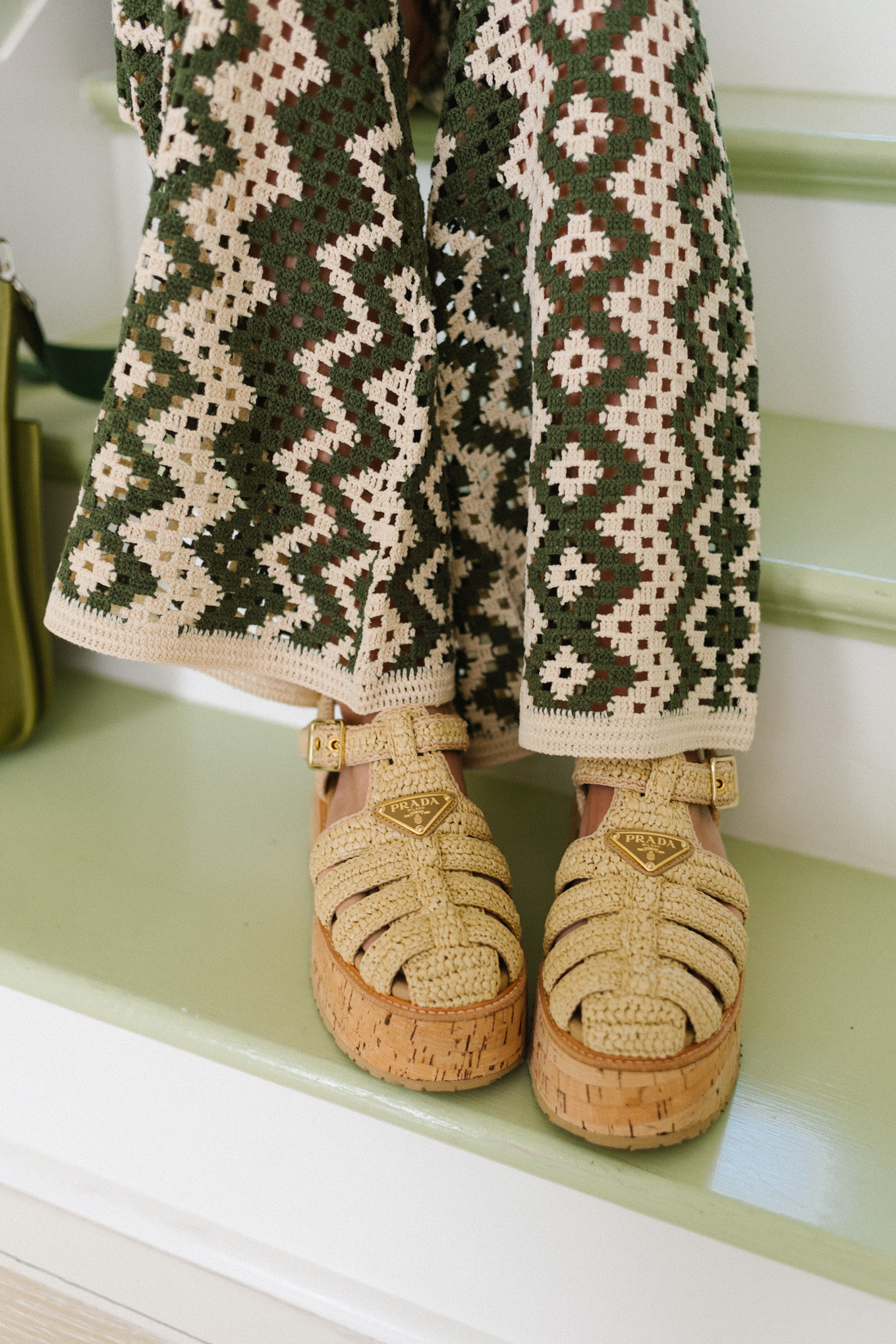 green cream crochet cardigan pants set