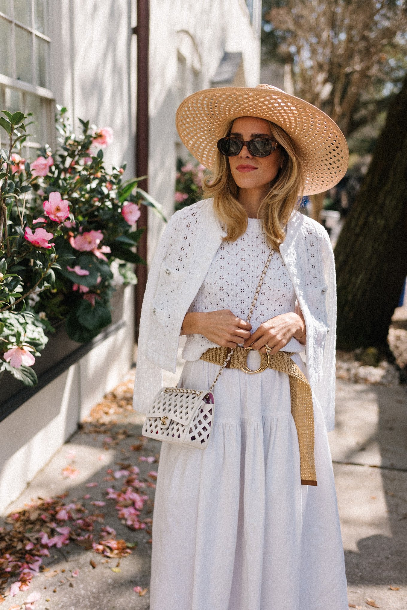 white croochet top and cardigan white skirt