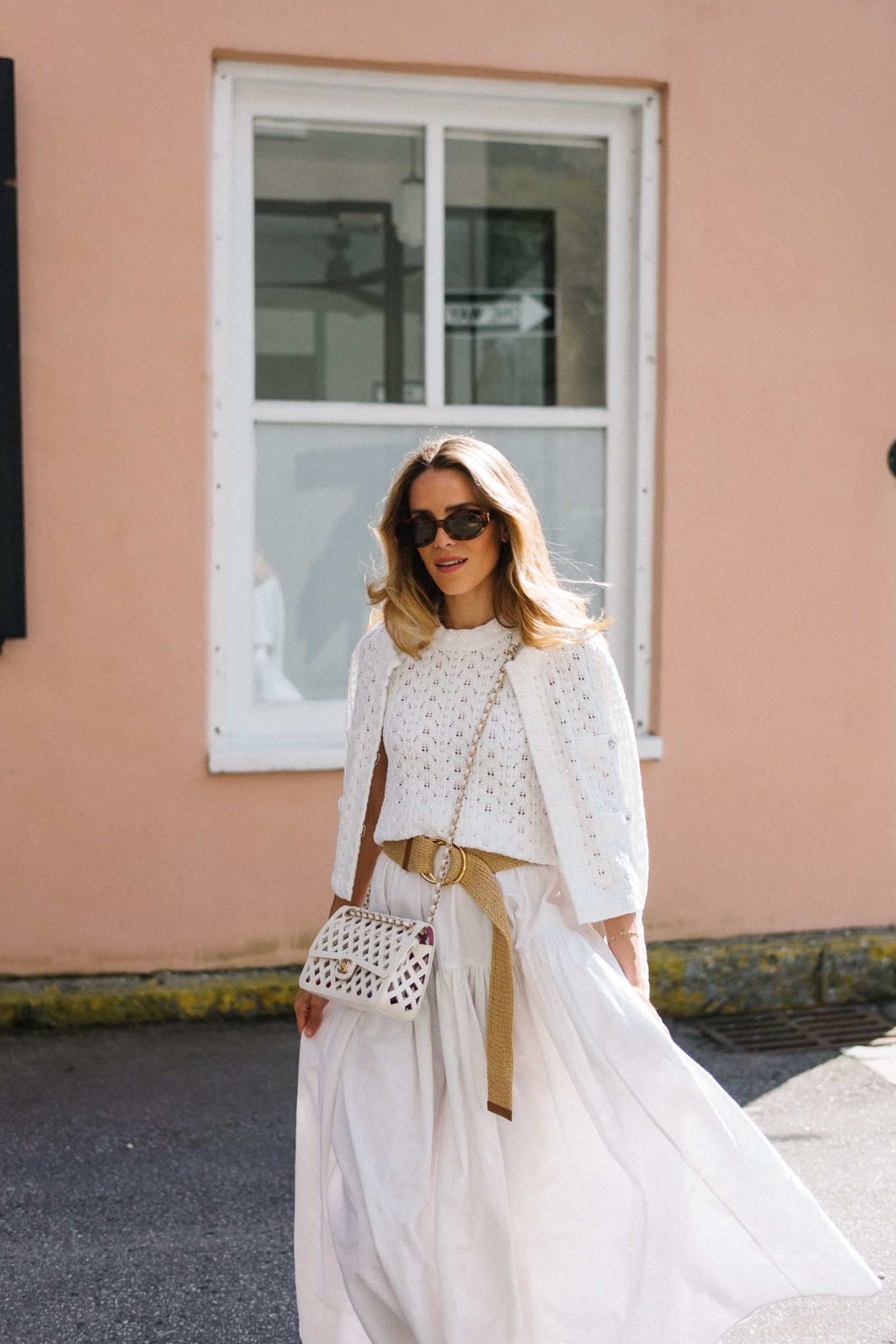 white croochet top and cardigan white skirt